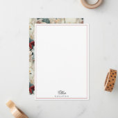 Elegant gepersonaliseerd blauw/robijnrood bloemetj notitiekaartje (Voorkant / Achterkant in situ)