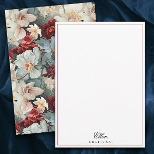Elegant gepersonaliseerd blauw/robijnrood bloemetj notitiekaartje