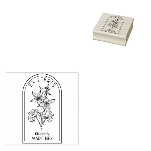 Elegant Gepersonaliseerd Bloem Ex Libris Rubberstempel (Gestempeld)
