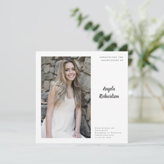 Elegant gepersonaliseerd foto Afstuderen Aankondiging (Staand voorkant)