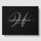 Elegant gepersonaliseerd modern zwart monogram huw gastenboek (Voorkant)