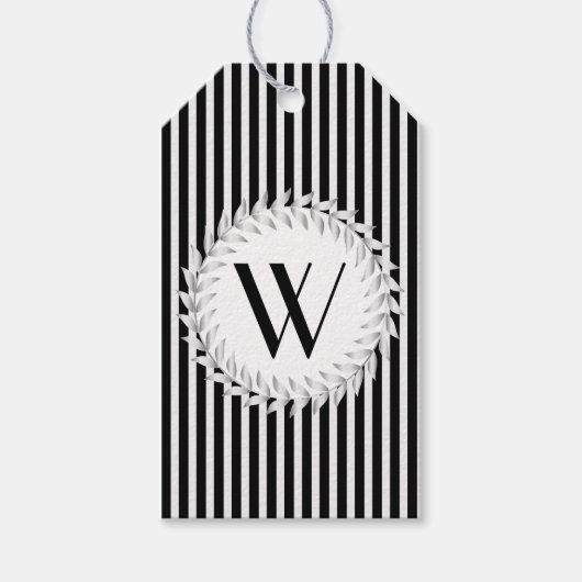 Elegant gepersonaliseerd monogram en zwarte strepe cadeaulabel (Voorkant)