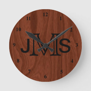 Elegant gepersonaliseerd monogram   Mahogany Wood  Ronde Klok