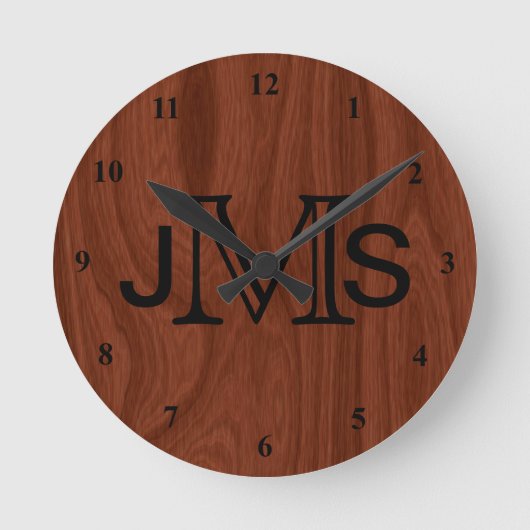Elegant gepersonaliseerd monogram | Mahogany Wood  Ronde Klok (Voorkant)