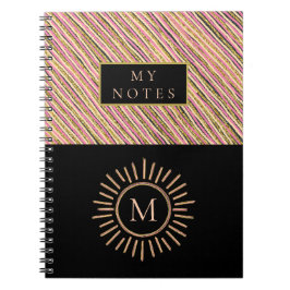 Elegant gepersonaliseerd monogram Stripes Geel gou Notitieboek
