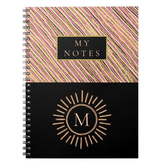 Elegant gepersonaliseerd monogram Stripes Geel gou Notitieboek (Voorkant)