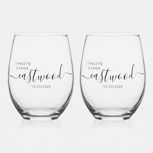 Elegant Gepersonaliseerd Script Koppel Naam Bruilo Wijnglas Zonder Voet (Voorkant)