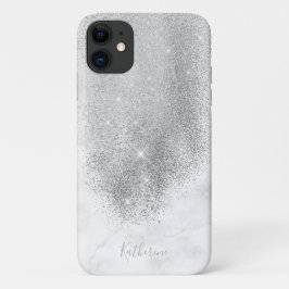 Elegant gepersonaliseerd zilver glitter wit marmer Case-Mate iPhone case