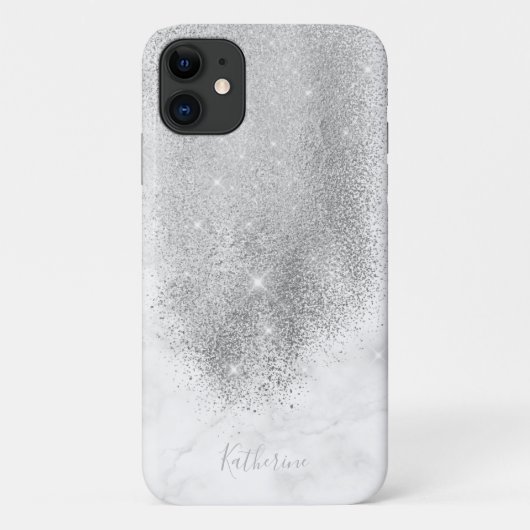 Elegant gepersonaliseerd zilver glitter wit marmer Case-Mate iPhone case (Achterkant)