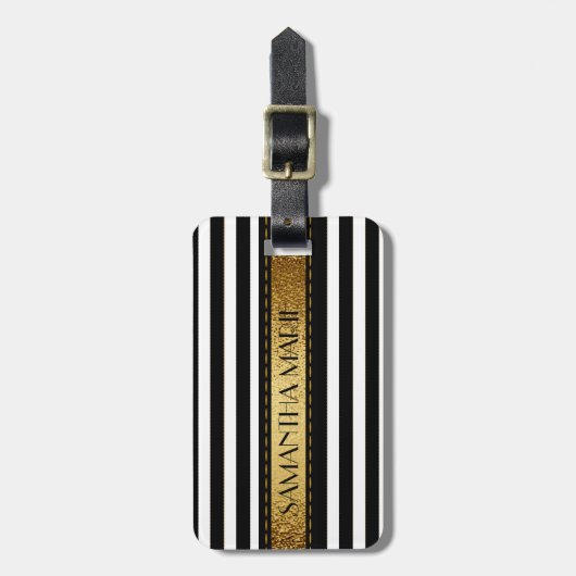 Elegant gepersonaliseerd zwart-wit gestreept bagagelabel (Voorkant verticaal)