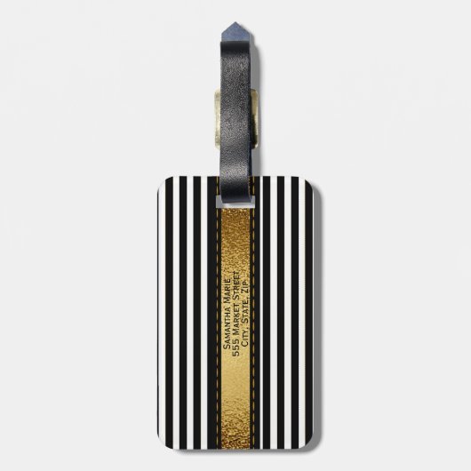 Elegant gepersonaliseerd zwart-wit gestreept bagagelabel (Achterkant verticaal)