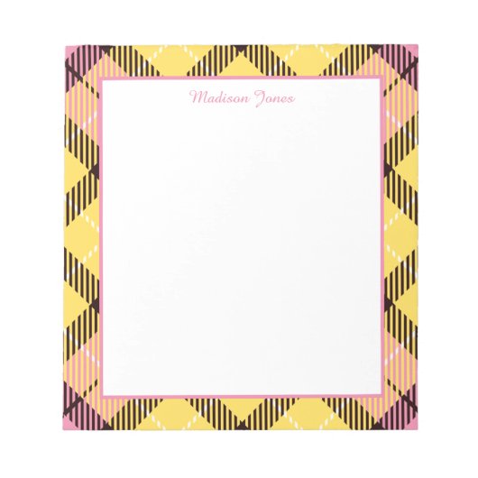 Elegant gepersonaliseerde naam Geel Roze Tartan Li Notitieblok (Voorkant)