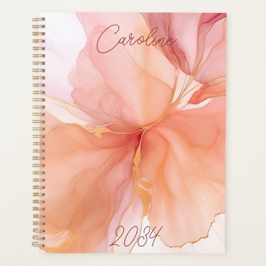 Elegant Gepersonaliseerde Perzik Bloemen Vrouwelij Planner (Voorkant)