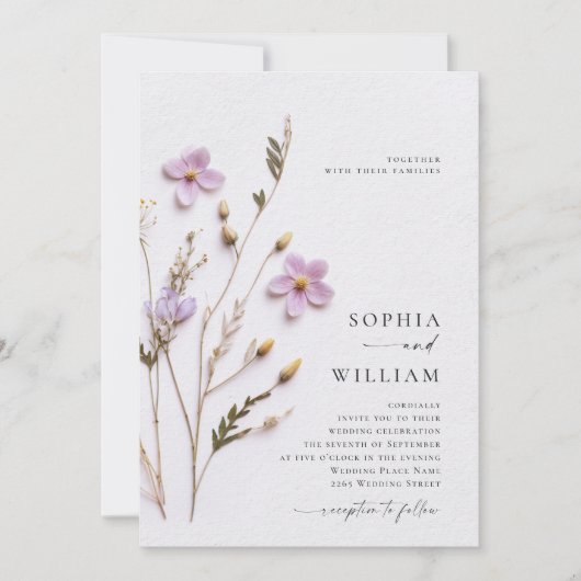 Elegant geperst droog pastel boho bloemen bruiloft kaart (Voorkant)