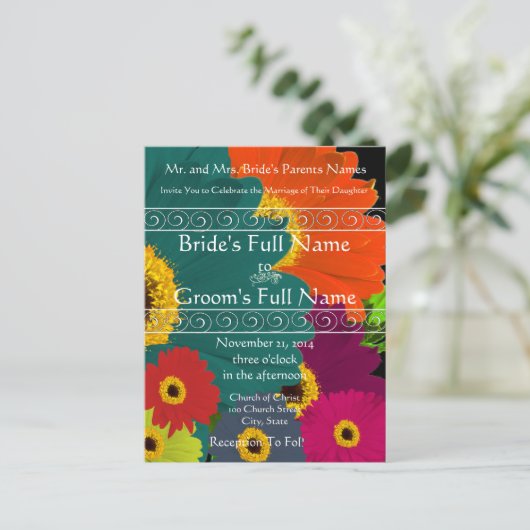 Elegant Gerber Daisy Wedding Invitation Uitnodiging Briefkaart (Staand voorkant)
