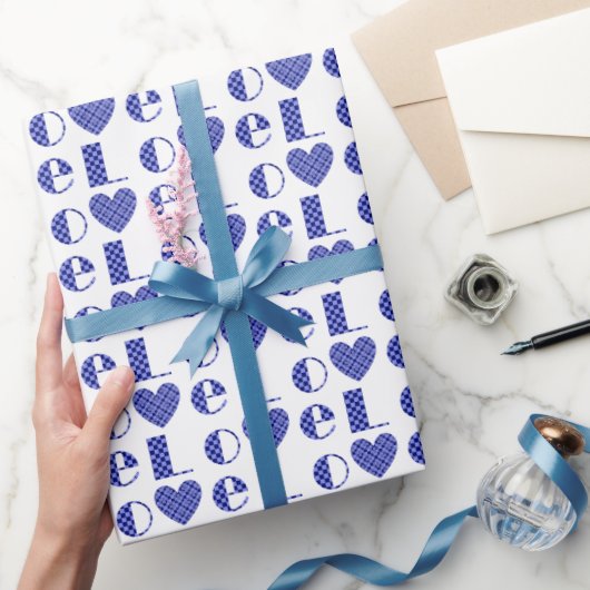 Elegant geruit Royal Blue Love Hearts patroon Cadeaupapier (Geschenken)