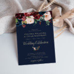 Elegant geschilderd bordeaux & marine bloemenbruil kaart<br><div class="desc">Elegante bordeaux,  marineblauw en roze blush waterverf met zwarte tekst en groen gebladerte. De kleuren en tekst op deze huwelijksuitnodiging kunnen worden gepersonaliseerd.</div>