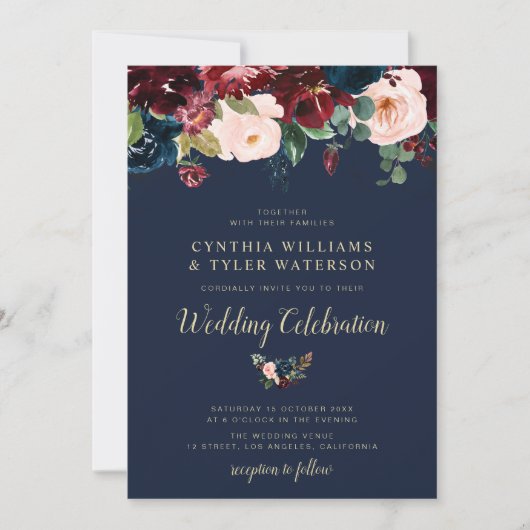 Elegant geschilderd bordeaux & marine bloemenbruil kaart (Voorkant)