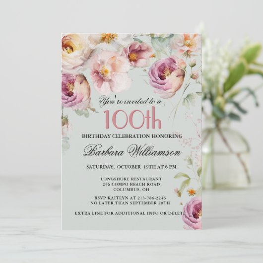 Elegant geschilderde bloem 100ste verjaardagsfeest kaart (Staand voorkant)