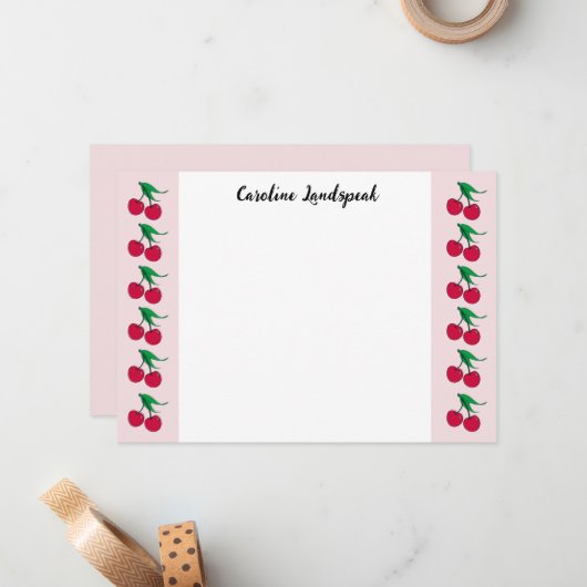 Elegant geschilderde rode kersen monogram notitiekaartje (Voorkant / Achterkant in situ)