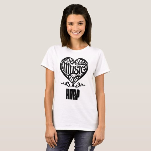 Elegant gescrolld hart voor harpliefhebbers t-shirt (Voorkant volledig)