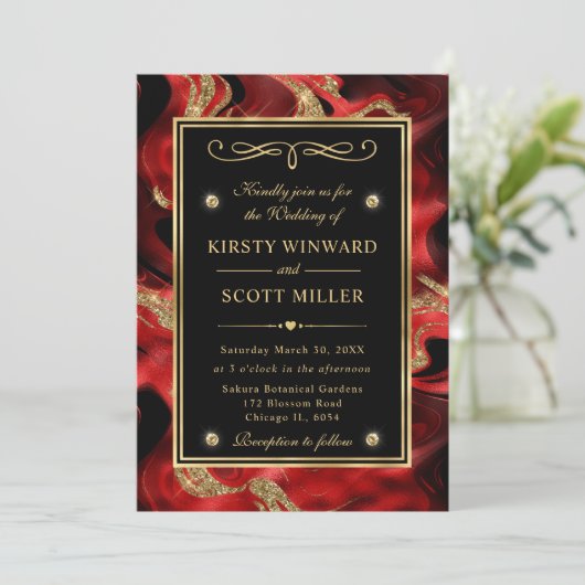 Elegant gesmolten rood en goud glitter bruiloft kaart (Staand voorkant)
