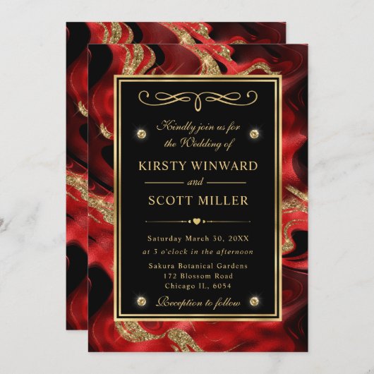 Elegant gesmolten rood en goud glitter bruiloft kaart (Voorkant / Achterkant)