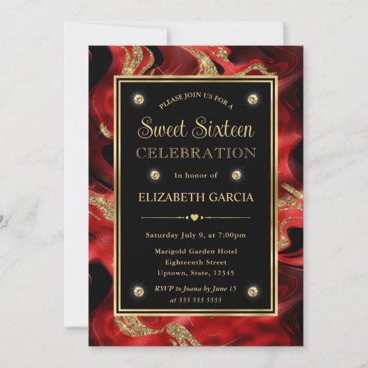 Elegant gesmolten rood en goud glitter zoet 16 kaart (Voorkant)