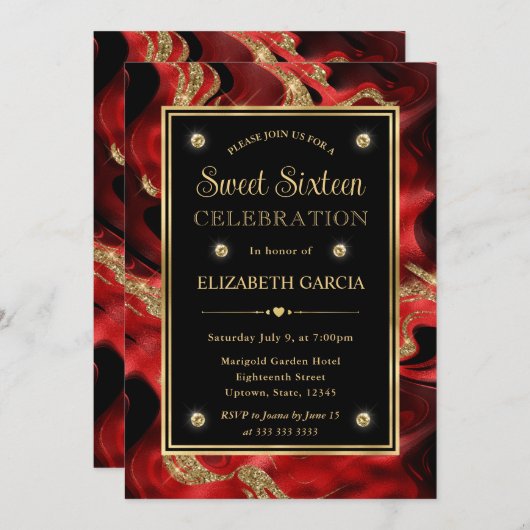 Elegant gesmolten rood en goud glitter zoet 16 kaart (Voorkant / Achterkant)