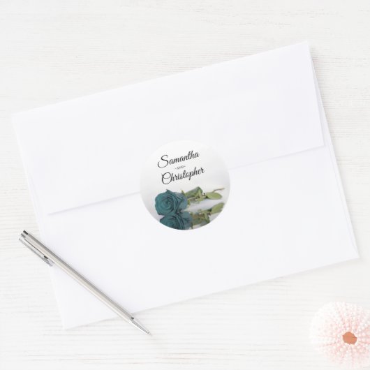 Elegant Gespiegeld Lang Stemmed Blauwgroen Roos Br Ronde Sticker (Envelop)