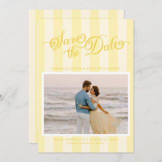 Elegant gestreept boter geel script Bewaar de datu Save The Date