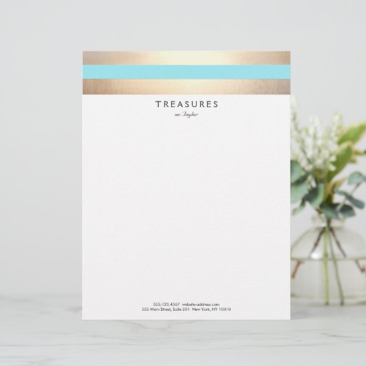 Elegant Gestreept FAUX Goud Turquoise Blauw Custom Briefhoofd (Staand voorkant)