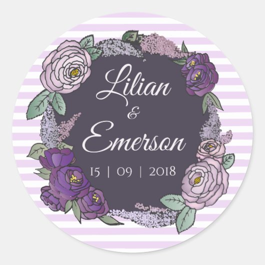 Elegant gestreept Lila & Lavendel Bloemen Sticker (Voorkant)