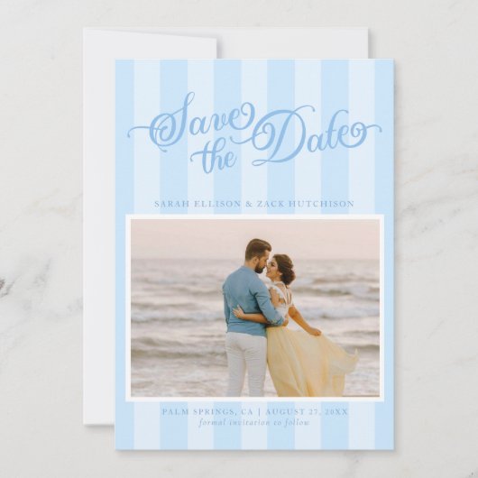 Elegant gestreept pastelblauw script Sla de datum  Save The Date (Voorkant)