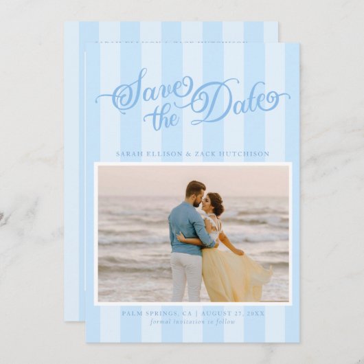 Elegant gestreept pastelblauw script Sla de datum  Save The Date (Voorkant / Achterkant)