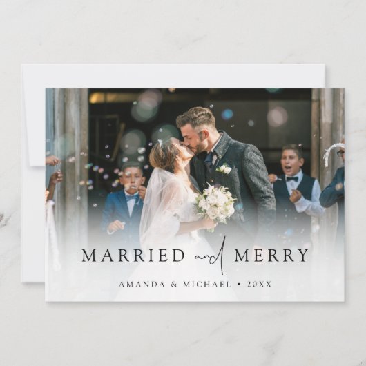 Elegant Getrouwd en Vrolijk Foto Pas getrouwd Kers Feestdagenkaart (Voorkant)
