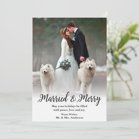 Elegant Getrouwd en Vrolijk Huwelijk Foto Feestdagenkaart (Staand voorkant)
