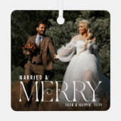 Elegant Getrouwd & Gelukkig Nieuw Getrouwd Foto Aa Metalen Ornament (Achterkant)