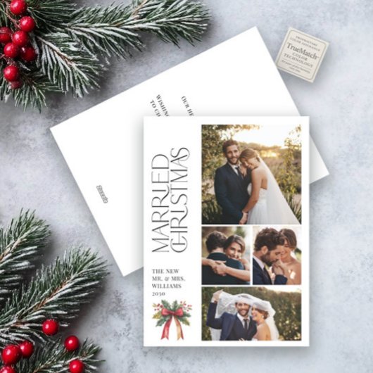 Elegant Getrouwd Kerst Rode strik Pas getrouwd 4 F Feestdagenkaart