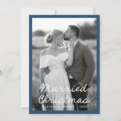 Elegant getrouwd kerstscript blauw 2 foto feestdagenkaart (Voorkant)