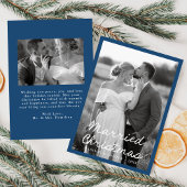 Elegant getrouwd kerstscript blauw 2 foto feestdagenkaart
