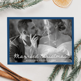 Elegant getrouwd kerstscript blauwe foto feestdagenkaart