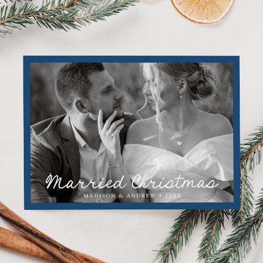 Elegant getrouwd kerstscript blauwe foto feestdagenkaart