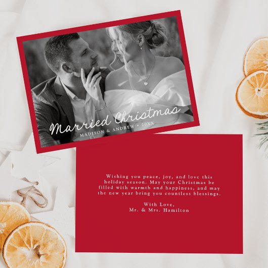 Elegant getrouwd kerstscript rode foto feestdagenkaart