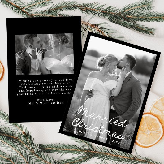 Elegant getrouwd kerstscript zwart 2 foto feestdagenkaart