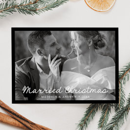 Elegant getrouwd kerstscript zwarte foto feestdagenkaart