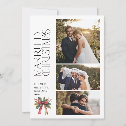 Elegant getrouwde kerst rode boog Pas getrouwd 3 f Feestdagenkaart (Voorkant)