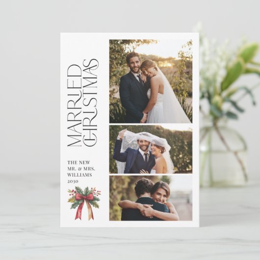 Elegant getrouwde kerst rode boog Pas getrouwd 3 f Feestdagenkaart (Staand voorkant)