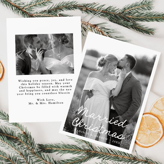 Elegant getrouwde kerstscript 2 foto feestdagenkaart