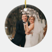 Elegant getrouwde & Merry 2 Foto Roos Gold First Keramisch Ornament (Achterkant)